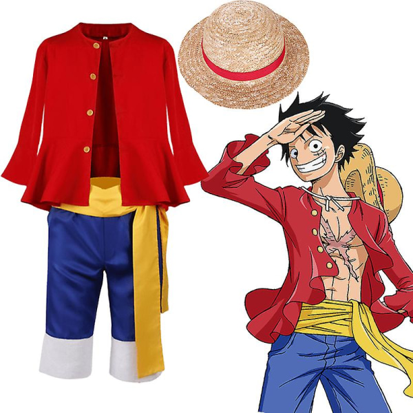 Luffy Cosplay Costume Anime Monkey D Luffy Cosplay Uniform Hat Halloween Costume For Men Boys Children -a costume and hat kids 140