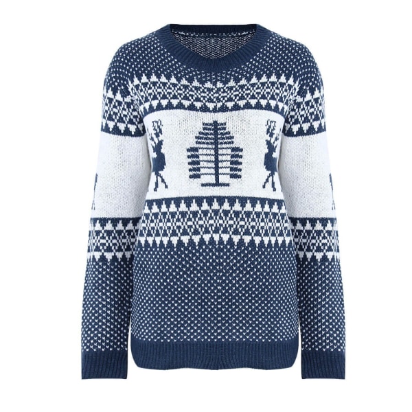 Mub - Høst/vinter Kvinners strikkede klær Tegneserie Jacquard Løs Rund hals Genser Julgenser Blue Christmas sweater S