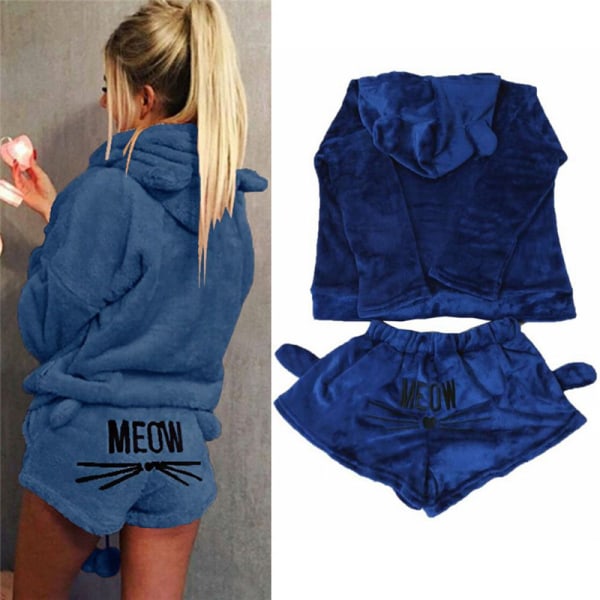 Kvinnor fleece fluffiga pyjamas nattkläder nattkläder set -i Dark Blue M