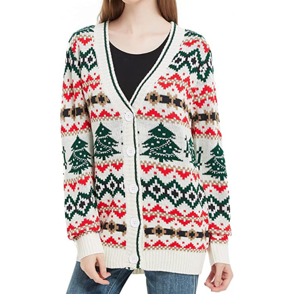 Mub - Høst/vinter Kvinners strikkede klær Tegneserie Jacquard Løs Rund hals Genser Julgenser Off-white jacquard cardigan M