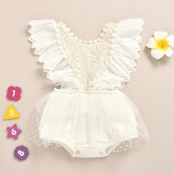 Mub- Baby Clothes Romper Trumpet Sleeve Pretty Lace Girls Bodysuit M2013 White 90cm