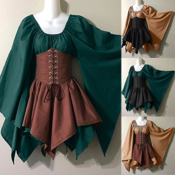 Kvinnors medeltida cosplaydräkt gotisk vintage långärmad korsettklänning Halloween -a green black 3XL