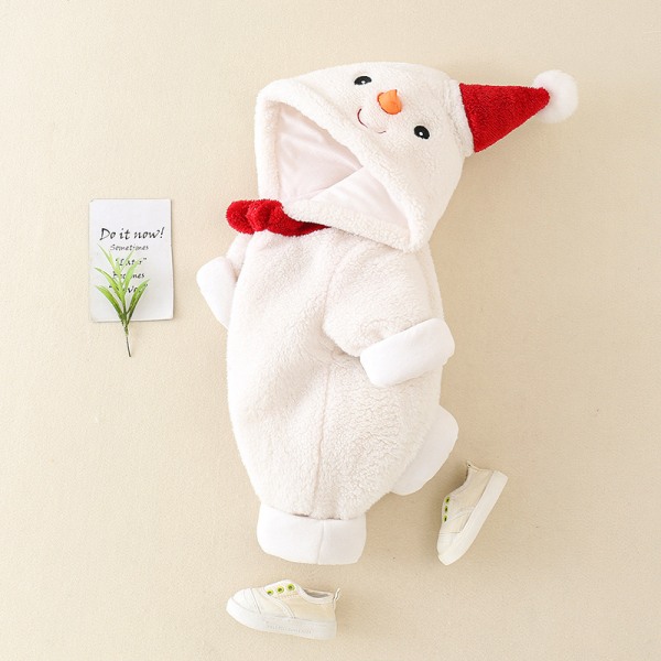 Mub- Winter Thickened Baby Bodysuit Coral Plush Cute Snowman Hooded Plush Sweetheart Boys and Girls Cotton Creeper White 73cm