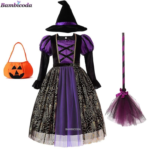 Halloween Children Girls Witch Party Dress Gothic Ghost Costume Kids Gown Robe Tutu Dress Witch Hat For Purim Carnival Party -a c3 4T(110)