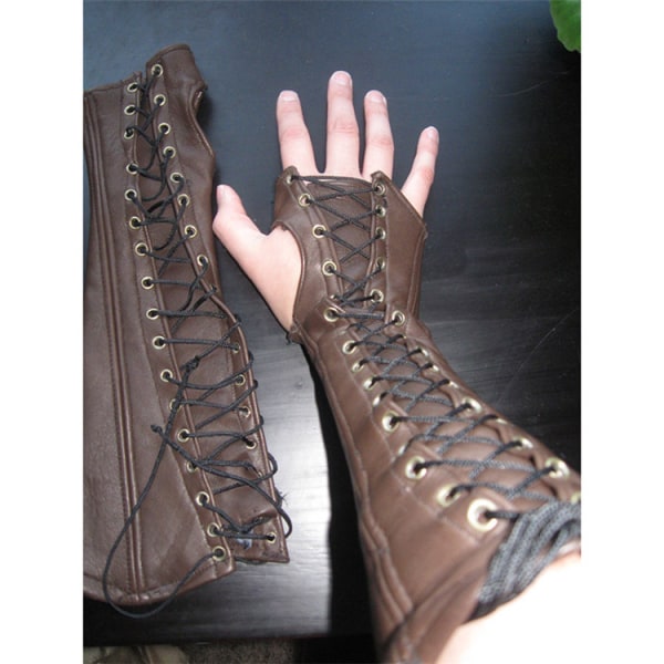 Mub- 2023 European and American leather PU long glove gas eye strap wrist guard long arm sleeve half finger glove Brown free