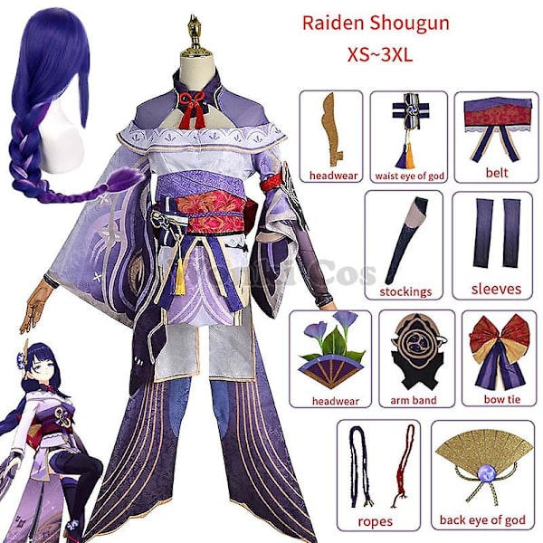 Genshin Impact Raiden Shogun Cosplay Kostym Peruk ila ångt Hår Halloween Kostymer Fullt Set Genshin Baal Shougun Cosplay -a L