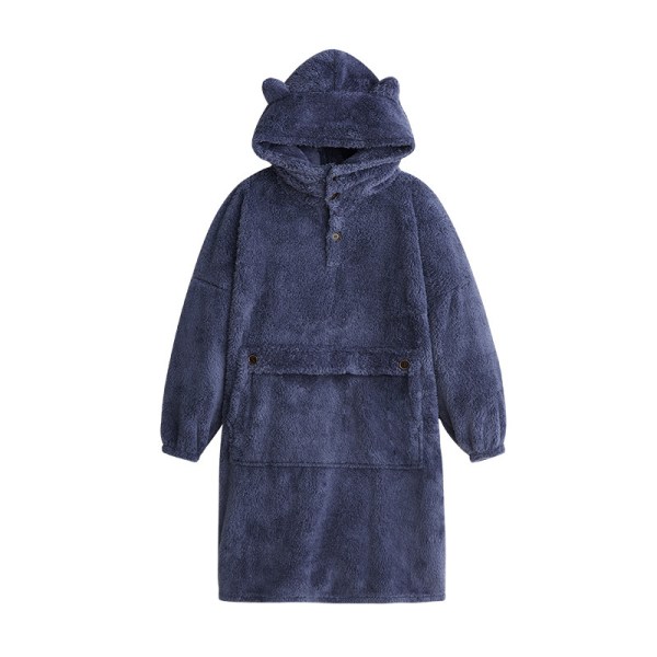Mub- Lat par morgonrock pullover filt huva utomhus inomhus varm TV-filt hoodie filt Navy blue L