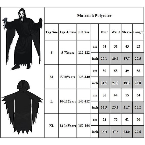 Pelottava Scream Ghost Face Cosplay -asu lapsille Halloween-juhliin naamiaisasut pojille ja tytöille -a XL