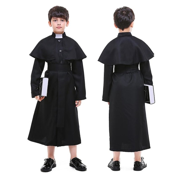 Black Priests Cassock Catholic Roman Robe Cape Soutane Halloween Costume For Kids Pope Missionary Uniform Medieval Clergy Sets -a M (for 120-130cm)