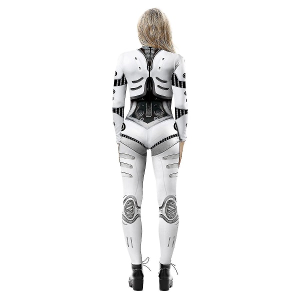 Halloween 3d Robot Printed Cosplay Jumpsuit Carnival Party Cyberpunk Playsuit Fancy Dress Costume Compatible Women Adult -a White Grey L