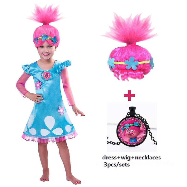 Girls Dresses Trolls Poppy Cosplay Kostumer Kjole Til Piger Streetwear Halloween Tøj Børn Halskæde Paryk Fancy Pige Kjole -a wig 140(9-10Y)