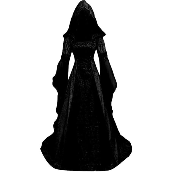 Medeltida viktoriansk klänning för kvinnor, vintage häxa Halloween renässans kostymer Sammet vampyr huva gotisk cosplay klänning