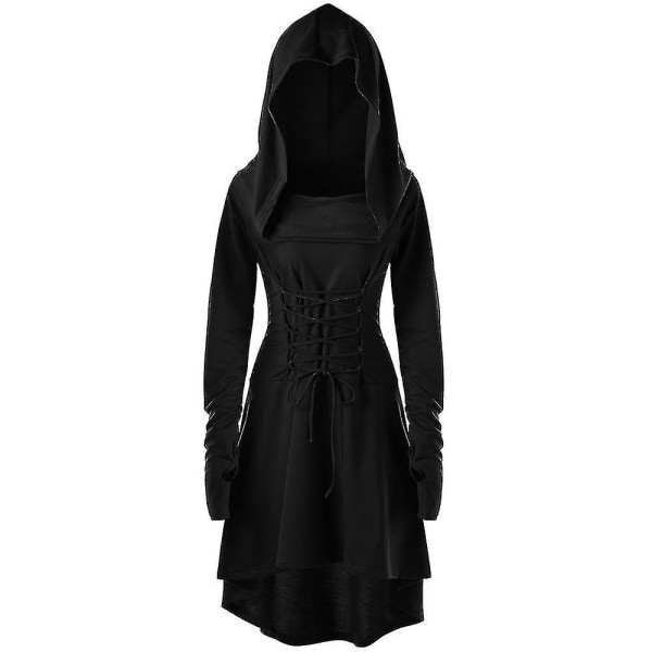 Retro Womens Solid Renaissance Medieval Costume Gothic Long Sleeve Lace Up Hooded Dress -a Black L