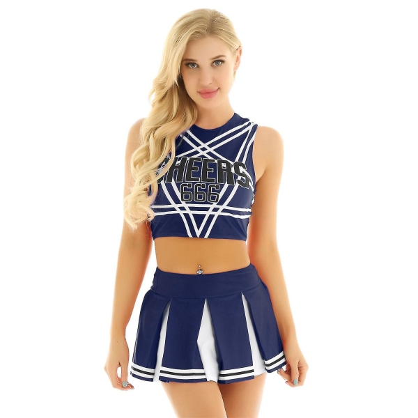 Kvinner Voksne Cheerleader Uniform Performance Outfit Japansk Skolejente Cosplay Kostyme Ermeløs Crop Top Mini Plissert Skjørt -a Navy Blue B L