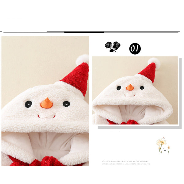Mub- Winter Thickened Baby Bodysuit Coral Plush Cute Snowman Hooded Plush Sweetheart Boys and Girls Cotton Creeper White 73cm