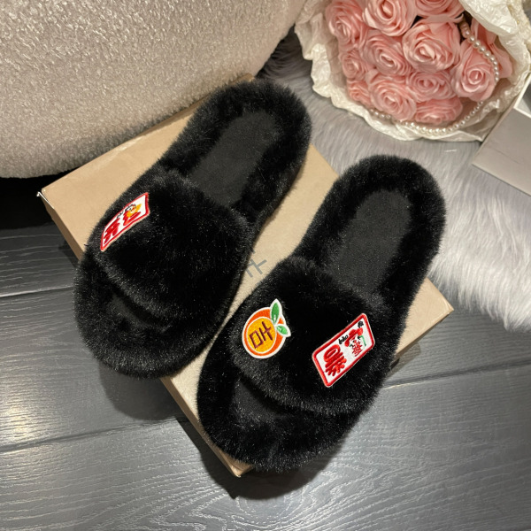 Mub- Furry warm home slippers ladies indoor flat bottom non-slip floor slippers Black 39