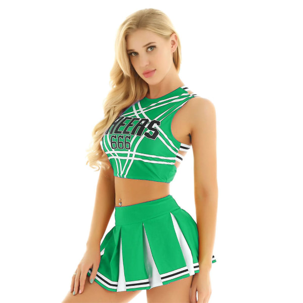 Kvinnor Vuxna Cheerleader Uniform Performance Outfit Japansk kolflicka Cosplay Kostym Ärmlös Crop Top Mini plisserad kjol -a Green B S