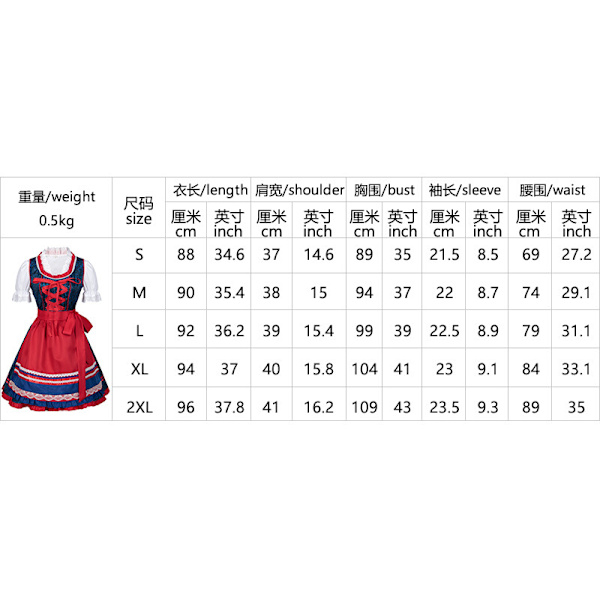 Mub- Naisten saksalainen olut Dirndl -mekko Esiliina Setti Asuja Baijerin Oktoberfestin Babe Bar Maid Carnival Punainen Ruudullinen Mekko Blue 2 XL