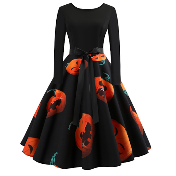 Mub- ZHEZHE Aikuisille Halloween-asu pitkähihainen naisten mekko painettu Maxi adies-mekko naisten Halloween-vaatteet vyöllä Halloween-5 L