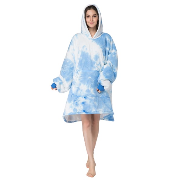 Mub- Förtjockad pullover lat filt för att hålla varma hemkläder batikfärgad flanell lat kostym hoodie filt Light blue - tie-dye