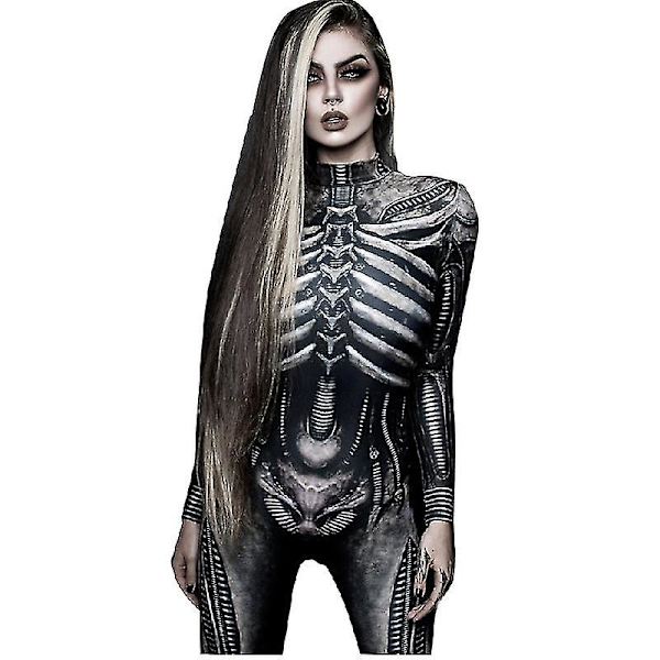 Womens Halloween Costume Skeleton Print Bodysuit Skinny Jumpsuit -a XL