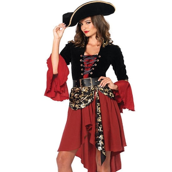 Female skull pirate dress classic pirates  costumes for woman cosplay halloween pirate costume -a Red M