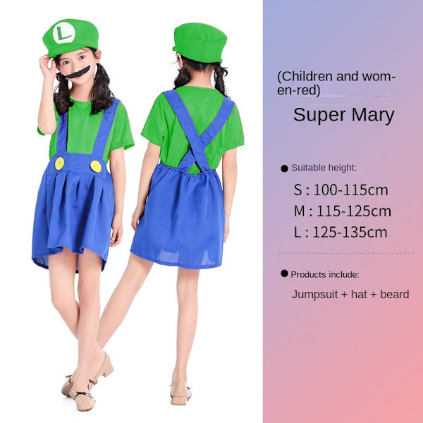 Mub- RS583 Children's Mario Clothes Super Mario Costumes Halloween Cosplay Anime Costume Parent-child Role Playing Costume Mario girl's Green L