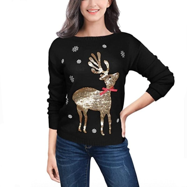 Mub - Høst/vinter Kvinners strikkede klær Tegneserie Jacquard Løs Rund hals Genser Julgenser Black sequined reindeer sweater L