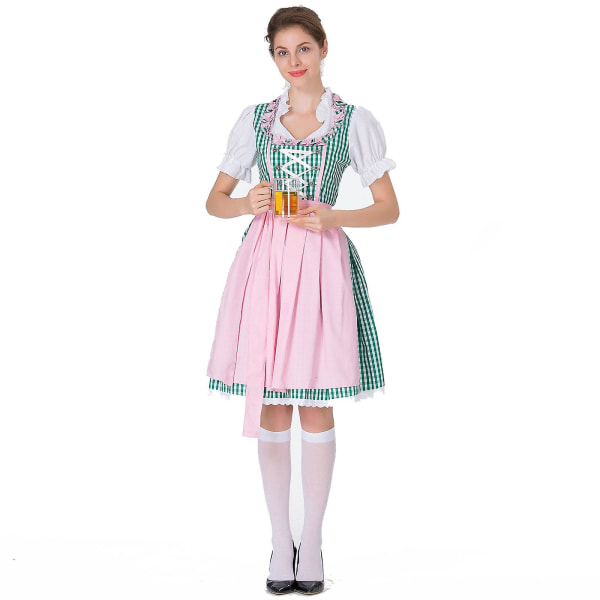 Women's Dirndl Midi Dress Dirndl Dress 3-piece Costume Dress Set Including Lace Dirndl Apron Costume Fashion For Beer Festival -a Green L