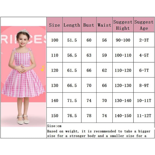 2023 Barbie Film Margot Robbie Barbie Rosa Rutig Lång Klänning Outfits Cosplay Kostym Prinsessan Tjejklänning -a 130cm