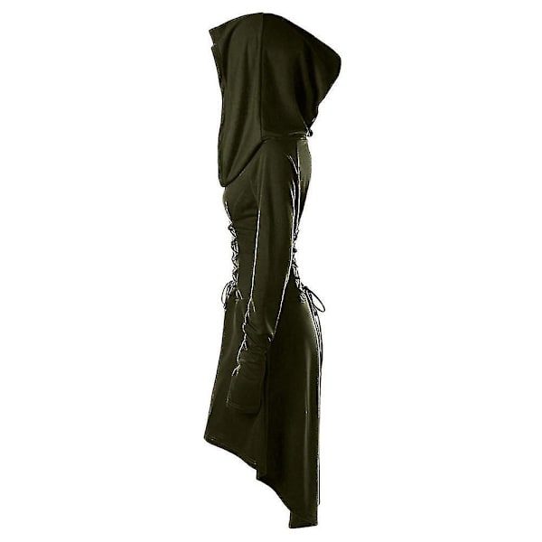 Retro Kvinde Solid Renæssance Middelalderlig Kostume Gotisk Langærmet Snøre Hætte Kjole -a Army Green XL