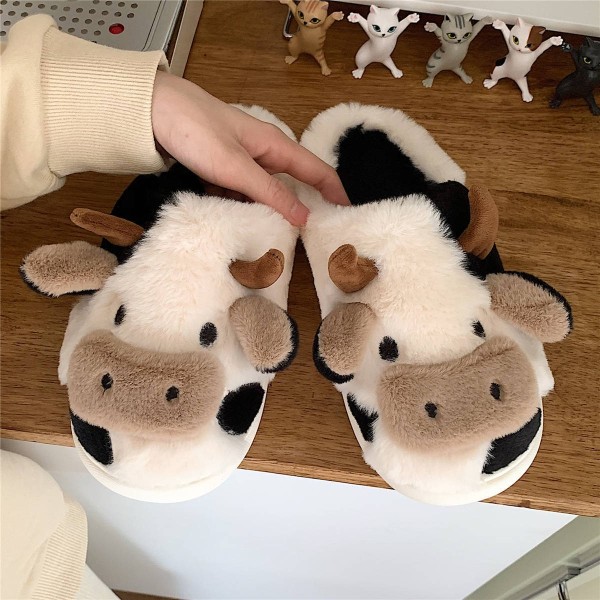 Mub- XIXITIAO Søte ku fuzzy dyre plysj tøfler varme hjem innendørs vinter PVC bomullsstoff vintersko vintersandaler for kvinner White 40-41