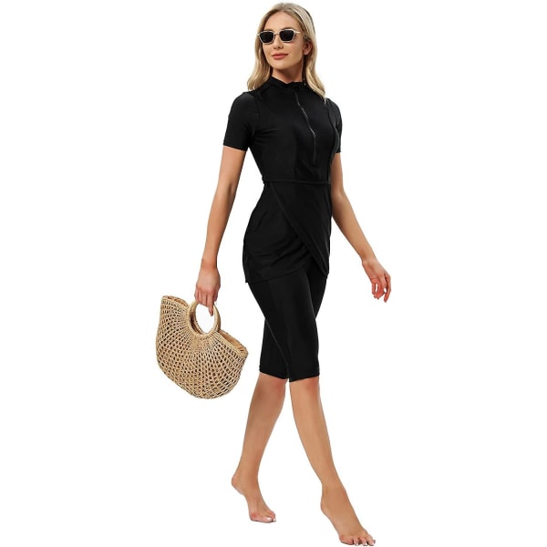 Women Modest Swimwear Islamic Muslim Swimsuit Short Sleeve Zipper Front Top Shorts Pants Hijab 3pcs Swimming Costume S-4xl Xinmu -a Black M