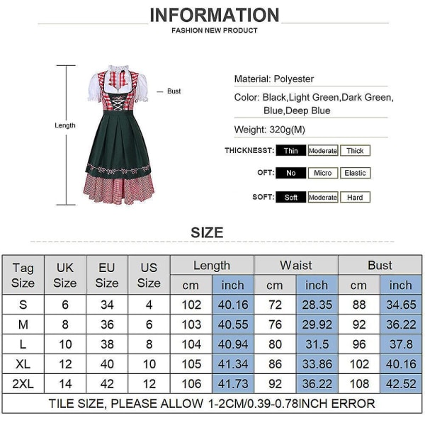 Kvinnors Oktoberfest Beer aid Costume Bavarian Traditional Dirndl Dress Carnival .q Dark Green M