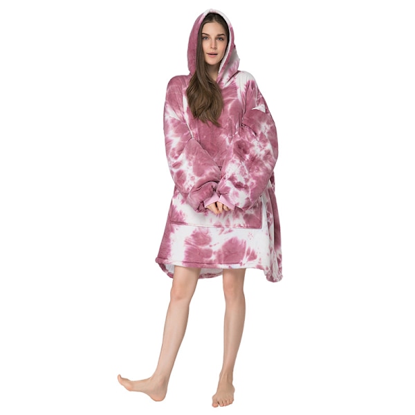 Mub- Förtjockad pullover lat filt för att hålla varma hemkläder batikfärgad flanell lat kostym hoodie filt Red - tie-dye