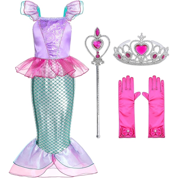 Little Girls Mermaid Princess Costume For Girls Dress Up Party With Gloves,crown Mace 3-10 Years -a Pink 4-5 Years