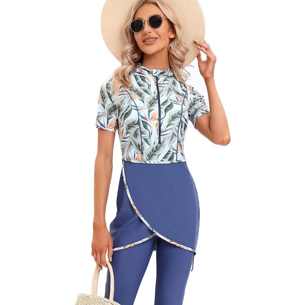 Women Modest Swimwear Islamic Muslim Swimsuit Short Sleeve Zipper Front Top Shorts Pants Hijab 3pcs Swimming Costume S-4xl Xinmu -a Blue Flower S