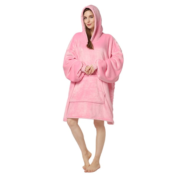 Mub- Enfärgad lat kostym flanell dubbel förtjockad kall jacka varm huva utanför bär pyjamas hem hoodie filt pink