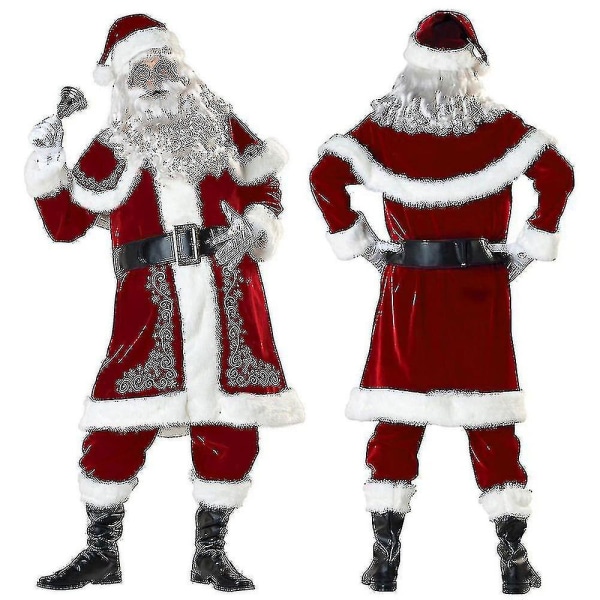 Santa Claus Suit Adult Christmas   Costume Red Deluxe Velvet Fancy 8pcs Gift_y -a XL