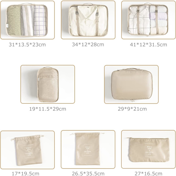 8-i-1 Bagage Organizer Set til rejser, Tøjposer, Sko, Cos