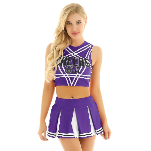 Kvinnor Vuxna Cheerleader Uniform Performance Outfit Japansk kolflicka Cosplay Kostym Ärmlös Crop Top Mini plisserad kjol -a Purple B S