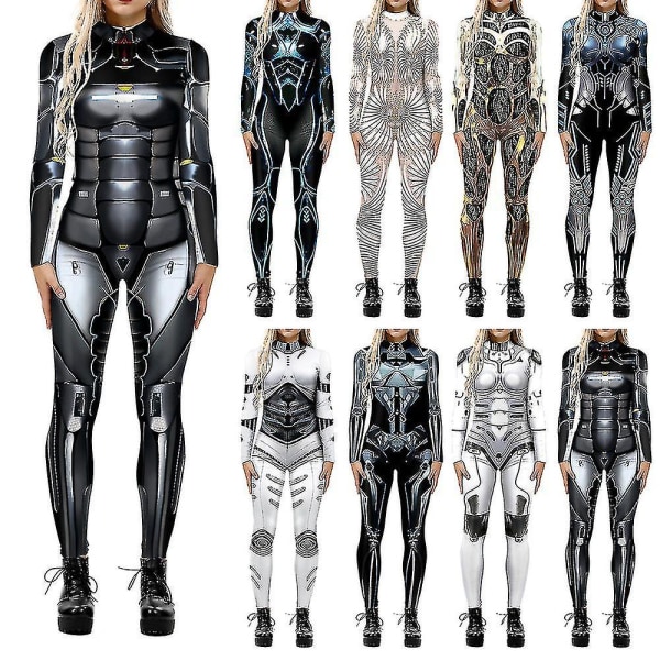 Halloween 3D Robot Trykt Cosplay Jumpsuit Karneval Fest Cyberpunk Playsuit Kostume Udklædning Kompatibel Kvinder Voksen -a White Grey S