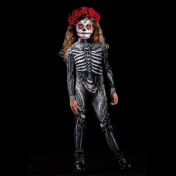 Kvindernes Halloween Kostume Skelet Print Bodysuit Skinny Jumpsuit -a 140cm