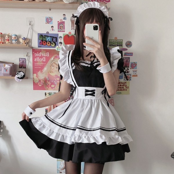Mub- Coldker Cute Maid Cosplay Costume Lolita Dress Short Sleeves Color Blocked Waitress Pinafore Outfit Halloween Outfit For Girls White XL