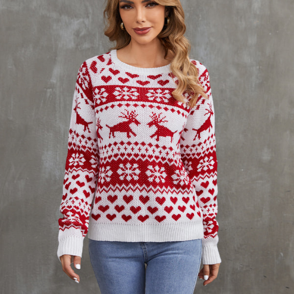 Mub - Efterår/vinter Kvindernes strikkede tøj Tegneserie Jacquard Løs Rund hals Pullover Juletrøje White jacquard Christmas sweater M