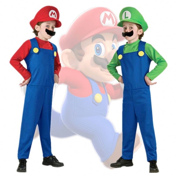 Mub- 4-12Y Child Super Mari Bros Cosplay Jumpsuit Suit Boy Girl Halloween Anime Fantasy Romper uigi Brothers Dress Hat Costume 01 S