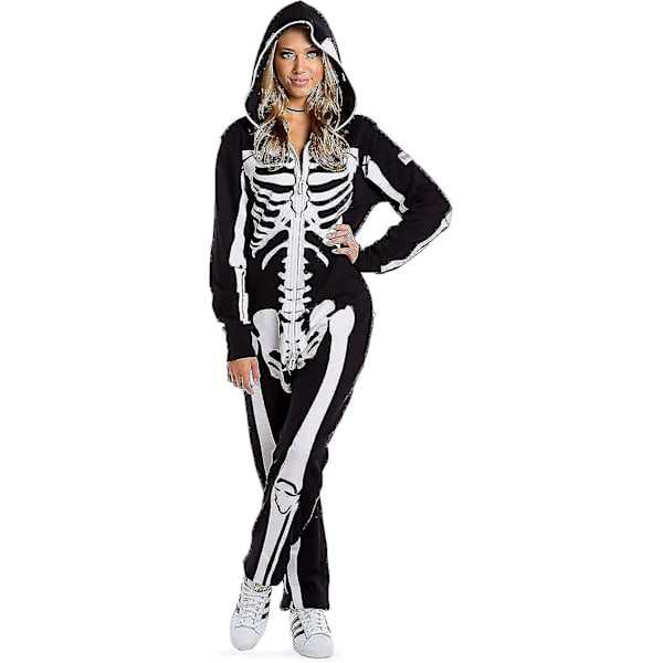 Halloween Skeleton Kostyme Jumpsuit Med Front Og Back Skeleton Bone Print For Kvinner -a S