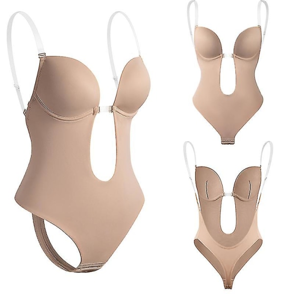 Kvinnor Rygglös Body Shapewear U Plunge Seamless String Plunging Djup V-ringad Body Shaper För Bröllop Beige XL(38)