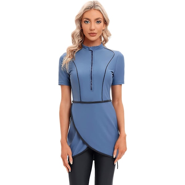 Kvinde Modest Badetøj Islamisk Muslimsk Badetøj Kortærmet Lynlås Foran Top Shorts Bukser Hijab 3pcs Svømmedragt S-4xl Xinmu -a Dusty Blue 4XL