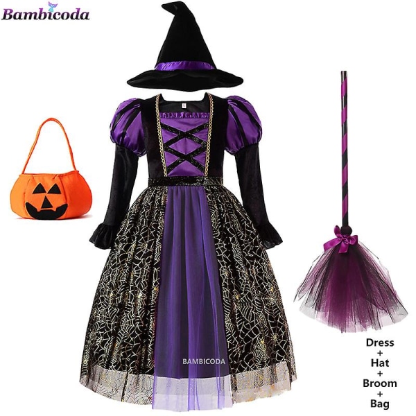 Halloween Children Girls Witch Party Dress Gothic Ghost Costume Kids Gown Robe Tutu Dress Witch Hat For Purim Carnival Party -a c3 5-6T(120)